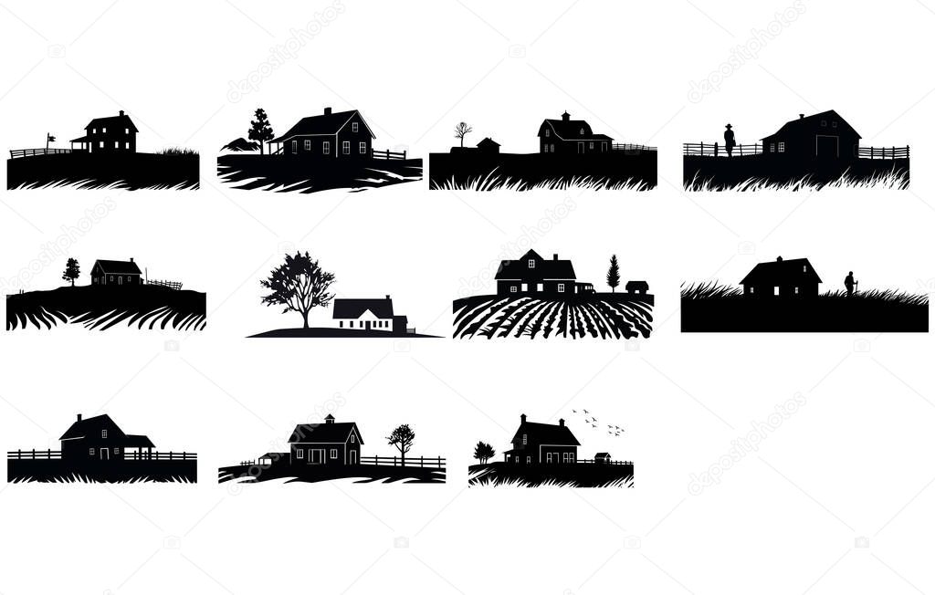 Harvest Farmhouse silhouette vector. Rural house silhouette,Farmhouse Silhouette Vector Art