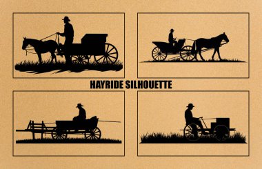 Vintage Traktör Hayride Vector Illustration Set, Hayride Siluet Clip Art,
