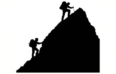 Arkadaşınızın dağın tepesindeki siluete ulaşmasına yardım etmek, Siluet ekibi yardım etmek, takım çalışması, birlikte, başarı, zafer, hedef, başarı, arkadaş silueti, Vektör ilülasyonu kavramına yardım etmek