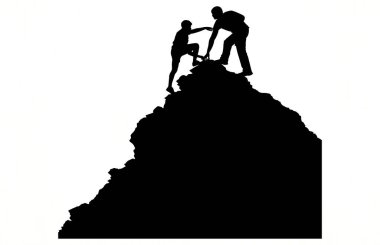 Arkadaşınızın dağın tepesindeki siluete ulaşmasına yardım etmek, Siluet ekibi yardım etmek, takım çalışması, birlikte, başarı, zafer, hedef, başarı, arkadaş silueti, Vektör ilülasyonu kavramına yardım etmek