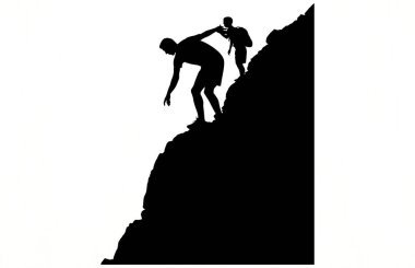Arkadaşınızın dağın tepesindeki siluete ulaşmasına yardım etmek, Siluet ekibi yardım etmek, takım çalışması, birlikte, başarı, zafer, hedef, başarı, arkadaş silueti, Vektör ilülasyonu kavramına yardım etmek