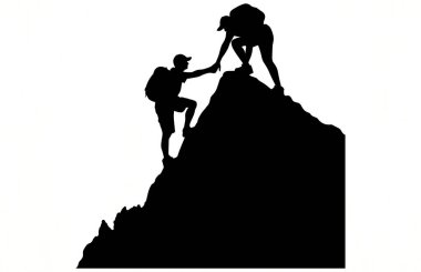 Arkadaşınızın dağın tepesindeki siluete ulaşmasına yardım etmek, Siluet ekibi yardım etmek, takım çalışması, birlikte, başarı, zafer, hedef, başarı, arkadaş silueti, Vektör ilülasyonu kavramına yardım etmek