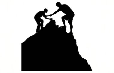 Arkadaşınızın dağın tepesindeki siluete ulaşmasına yardım etmek, Siluet ekibi yardım etmek, takım çalışması, birlikte, başarı, zafer, hedef, başarı, arkadaş silueti, Vektör ilülasyonu kavramına yardım etmek