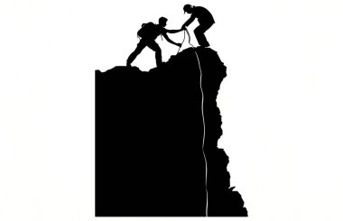 Arkadaşınızın dağın tepesindeki siluete ulaşmasına yardım etmek, Siluet ekibi yardım etmek, takım çalışması, birlikte, başarı, zafer, hedef, başarı, arkadaş silueti, Vektör ilülasyonu kavramına yardım etmek