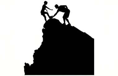 Arkadaşınızın dağın tepesindeki siluete ulaşmasına yardım etmek, Siluet ekibi yardım etmek, takım çalışması, birlikte, başarı, zafer, hedef, başarı, arkadaş silueti, Vektör ilülasyonu kavramına yardım etmek