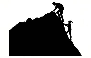 Arkadaşınızın dağın tepesindeki siluete ulaşmasına yardım etmek, Siluet ekibi yardım etmek, takım çalışması, birlikte, başarı, zafer, hedef, başarı, arkadaş silueti, Vektör ilülasyonu kavramına yardım etmek