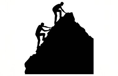 Arkadaşınızın dağın tepesindeki siluete ulaşmasına yardım etmek, Siluet ekibi yardım etmek, takım çalışması, birlikte, başarı, zafer, hedef, başarı, arkadaş silueti, Vektör ilülasyonu kavramına yardım etmek