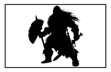 Cüce savaşçı silueti, baltayla detaylı vektör silueti olan Viking.