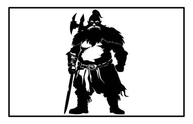 Cüce savaşçı silueti, baltayla detaylı vektör silueti olan Viking.