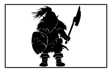 Cüce savaşçı silueti, baltayla detaylı vektör silueti olan Viking.
