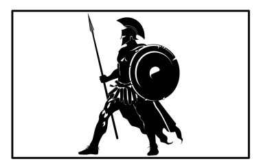 Kneeling ancient Greek warrior in helmet with spear. Black and white silhouette. clipart