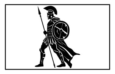 Mızraklı miğferli Antik Yunan savaşçısı. Siyah beyaz siluet.