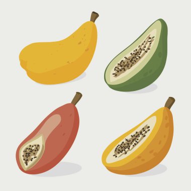 Olgun papaya meyvesi ve yarısı beyaz arka planda. Carica papaya, papaw veya pawpaw ikonu. Düz stil tropikal egzotik meyvelerin vektör çizimi.