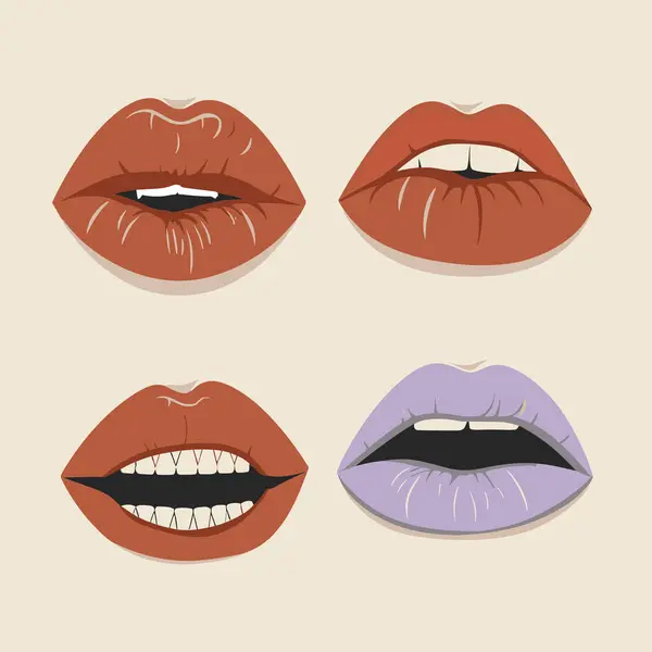 Kırmızı ve pembe dudak koleksiyonu. Seksi bir kadının dudaklarının farklı duyguları ifade edişinin vektör çizimi, gülümseme, öpücük, yarı açık ağız, ısırma dudak yalama, dil çıkarma gibi. Beyazda izole edilmiş.