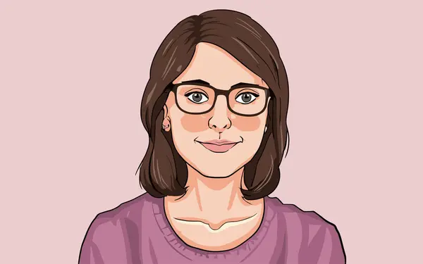 Çizgi film profil resmi, saçlı bir kadının portresi. Gözlüklü bir kadının Avatar 'ı. Gülen surat. Vektör düz resimleme