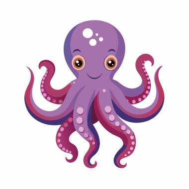 Şirin Ahtapot çizgi film vektör çizimi, Şirin Ahtapot Deniz Hayvanı Çizimi, Detaylı dokunaçlı renkli ahtapot vektörü,