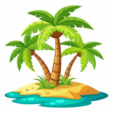 Hurma ağaçları, kum ve su ile tropikal bir ada. Düz dizayn, vektör. Beyaz arka planda izole edilmiş bir adanın tasviri