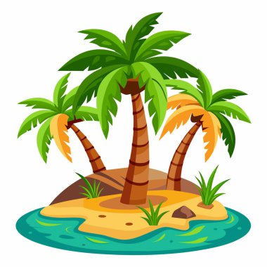 Hurma ağaçları, kum ve su ile tropikal bir ada. Düz dizayn, vektör. Beyaz arka planda izole edilmiş bir adanın tasviri