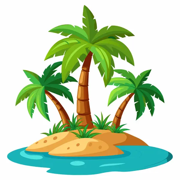 Palmiye ağaçları, kum ve suyu olan tropik bir ada. Düz dizayn, vektör.