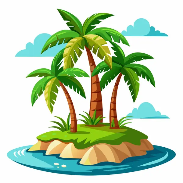 Hurma ağaçları, kum ve su ile tropikal bir ada. Düz dizayn, vektör. Beyaz arka planda izole edilmiş bir adanın tasviri