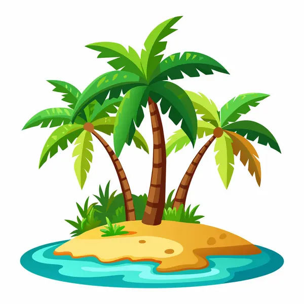 Hurma ağaçları, kum ve su ile tropikal bir ada. Düz dizayn, vektör. Beyaz arka planda izole edilmiş bir adanın tasviri