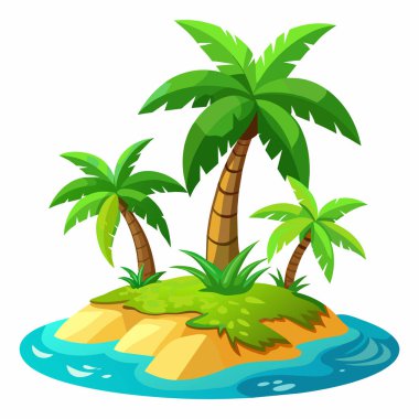 Hurma ağaçları, kum ve su ile tropikal bir ada. Düz dizayn, vektör. Beyaz arka planda izole edilmiş bir adanın tasviri