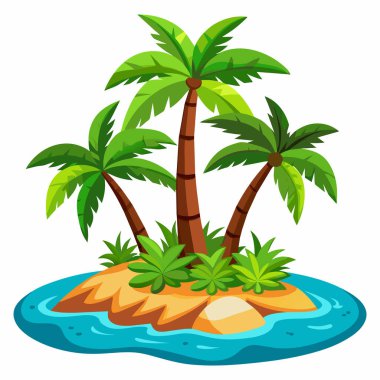 Hurma ağaçları, kum ve su ile tropikal bir ada. Düz dizayn, vektör. Beyaz arka planda izole edilmiş bir adanın tasviri
