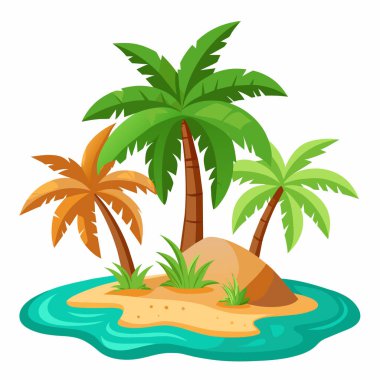 Hurma ağaçları, kum ve su ile tropikal bir ada. Düz dizayn, vektör. Beyaz arka planda izole edilmiş bir adanın tasviri