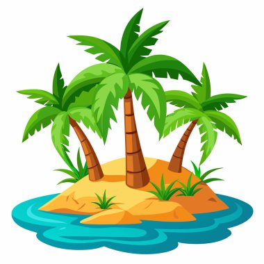 Hurma ağaçları, kum ve su ile tropikal bir ada. Düz dizayn, vektör. Beyaz arka planda izole edilmiş bir adanın tasviri