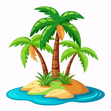 Hurma ağaçları, kum ve su ile tropikal bir ada. Düz dizayn, vektör. Beyaz arka planda izole edilmiş bir adanın tasviri