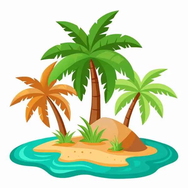 Hurma ağaçları, kum ve su ile tropikal bir ada. Düz dizayn, vektör. Beyaz arka planda izole edilmiş bir adanın tasviri