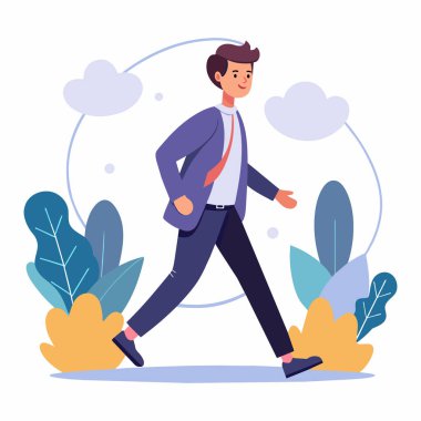 Tarz sahibi bir adam yazlık moda kıyafeti giyerek yan manzarada yürüyor. Yakışıklı iş adamı şık ofis kıyafetleri içinde, iş adamı yürüyen vektör izole edilmiş..