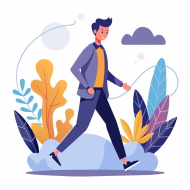 Tarz sahibi bir adam yazlık moda kıyafeti giyerek yan manzarada yürüyor. Yakışıklı iş adamı şık ofis kıyafetleri içinde, iş adamı yürüyen vektör izole edilmiş..