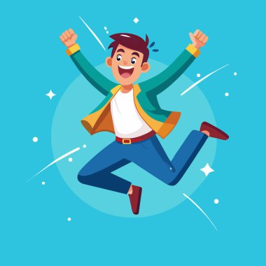Mutlu çocuk, neşe konsepti çizimi ile atlayan adam, neşeli bir şekilde zıplayan mutlu çocuk, elleri havada sevinçten zıplayan çocuk.,