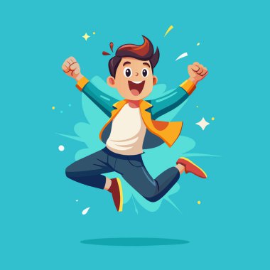 Mutlu çocuk, neşe konsepti çizimi ile atlayan adam, neşeli bir şekilde zıplayan mutlu çocuk, elleri havada sevinçten zıplayan çocuk.,