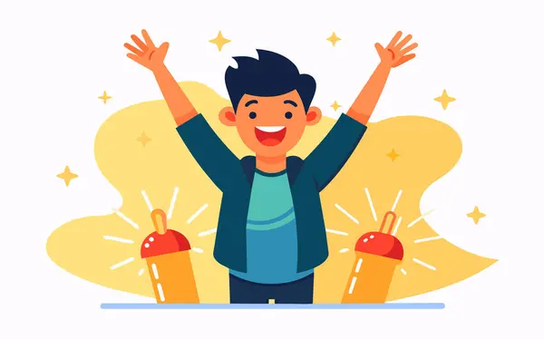 Heyecanla sıçrayan neşeli adam, gülümseyen ve kutlayan, enerjiyle mutluluk ve coşkuyu ifade eden.
