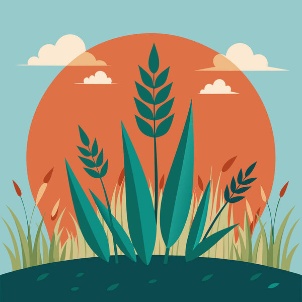 Summer grass with leaves and foliage, isolated weed with herbs and medicinal ingredient. Nature landscape, decoration for rural area, yard or orchard, botany plants growing. Vector in flat style