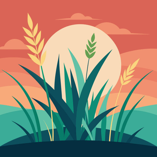 Summer grass with leaves and foliage, isolated weed with herbs and medicinal ingredient. Nature landscape, decoration for rural area, yard or orchard, botany plants growing. Vector in flat style