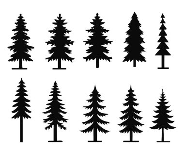 Çeşitli uygulamalar için biçimlendirilmiş yemyeşil ağaçların siluet koleksiyonu