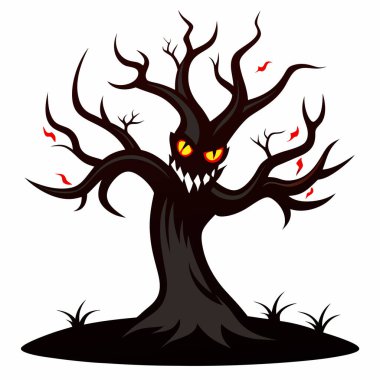 Beyaz Arkaplanda Ürkütücü Gülümseme Çizimi olan Ürkütücü Ölü Korku Ağacı