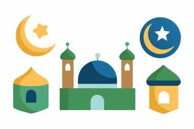 Beyaz Arkaplanda İzole Edilen Müslüman Çıkartmaları: Cami, Hilal ve Fenerli İslami Etiket Paketi