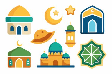 Beyaz Arkaplanda İzole Edilen Müslüman Çıkartmaları: Cami, Hilal ve Fenerli İslami Etiket Paketi