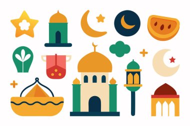 Beyaz Arkaplanda İzole Edilen Müslüman Çıkartmaları: Cami, Hilal ve Fenerli İslami Etiket Paketi