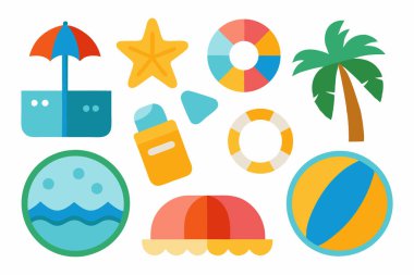 Beyaz Arkaplanda İzole Edilmiş Plaj Etiketleri, Palmiye Ağaçları ve Güneşli Yaz Sahil Etiketi Paketi