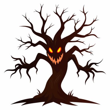 Korkunç Gülücük Resimli Korku Ağacı Beyaz Arkaplan 'da, Korkunç Gülümseyen Vektör Clipart' lı Korkunç Yapraksız Ağaç