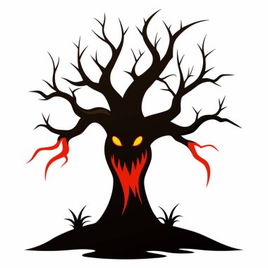 Korkunç Gülücük Resimli Korku Ağacı Beyaz Arkaplan 'da, Korkunç Gülümseyen Vektör Clipart' lı Korkunç Yapraksız Ağaç