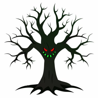 Korkunç Gülücük Resimli Korku Ağacı Beyaz Arkaplan 'da, Korkunç Gülümseyen Vektör Clipart' lı Korkunç Yapraksız Ağaç