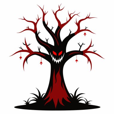 Korkunç Gülücük Resimli Korku Ağacı Beyaz Arkaplan 'da, Korkunç Gülümseyen Vektör Clipart' lı Korkunç Yapraksız Ağaç