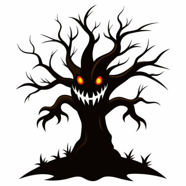 Korkunç Gülücük Resimli Korku Ağacı Beyaz Arkaplan 'da, Korkunç Gülümseyen Vektör Clipart' lı Korkunç Yapraksız Ağaç