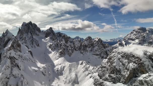 Dolomity Zimě Letecký Pohled Skalnaté Hory — Stock video